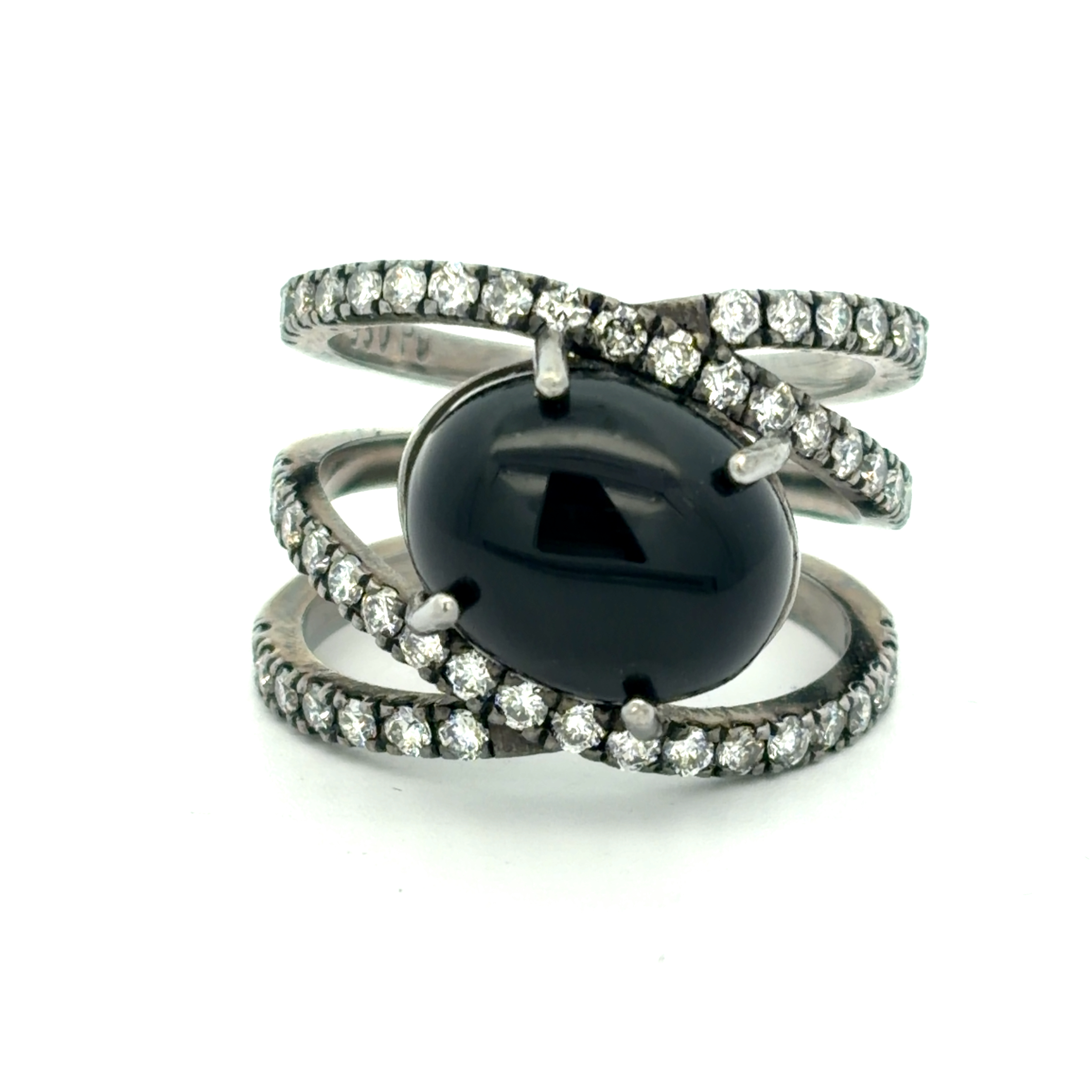 14KT White Gold with Black Rhodium and Onyx Cabochon Ring with Diamonds