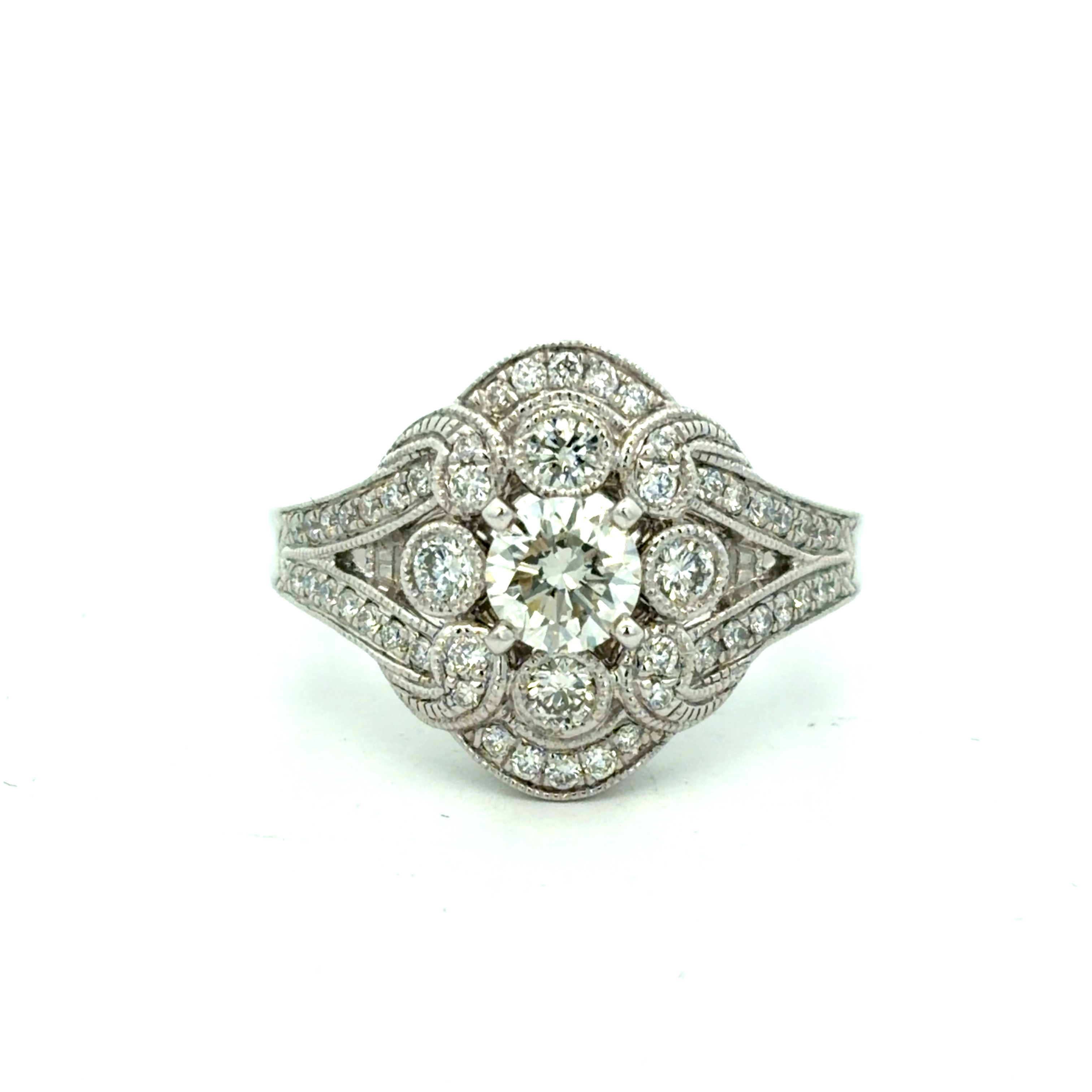 14KT White Gold Vintage Style Engagement Ring with Round Center Diamond