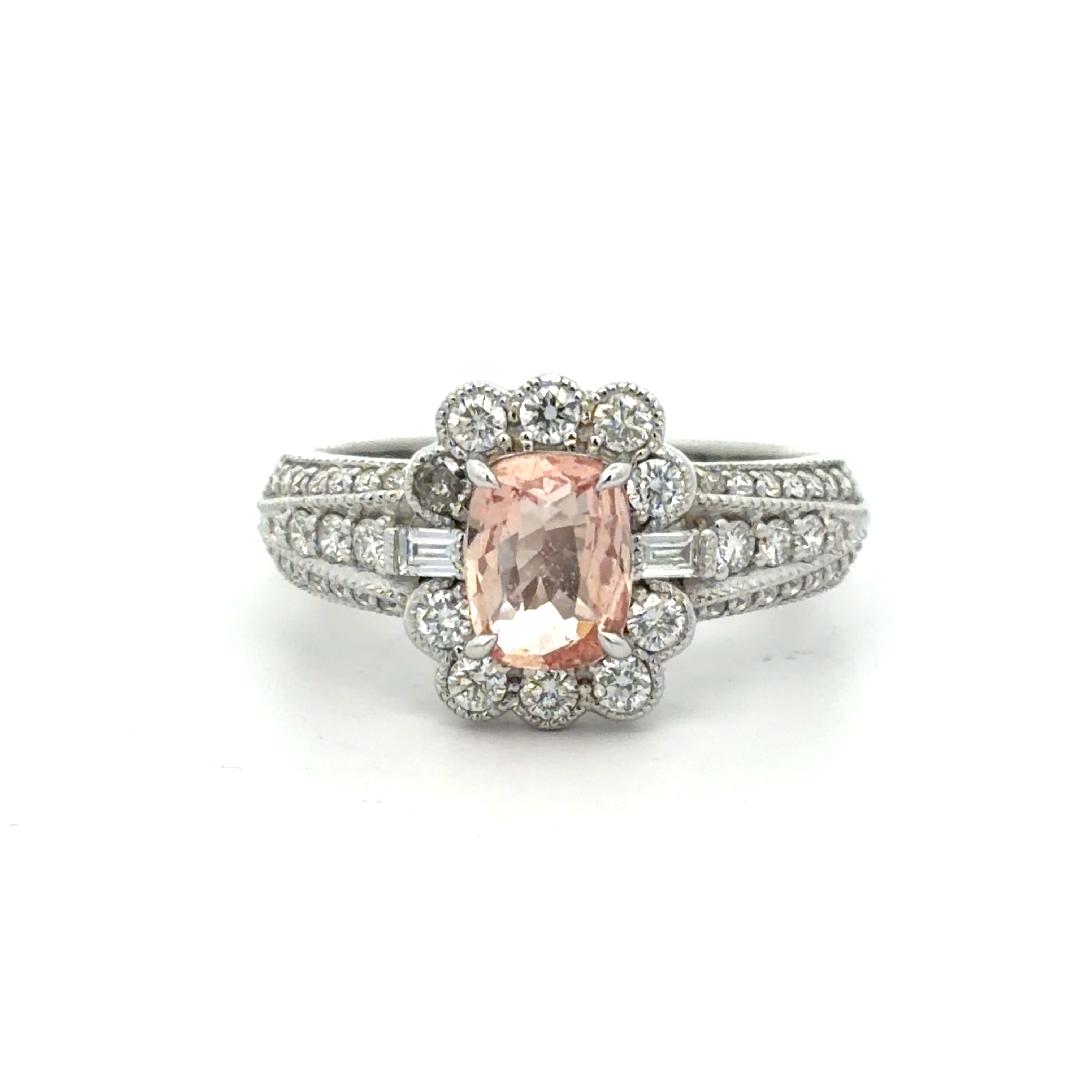 18KT White Gold Ring with Peachy Pink Cushion Cut Padparadscha Sapphire Ring