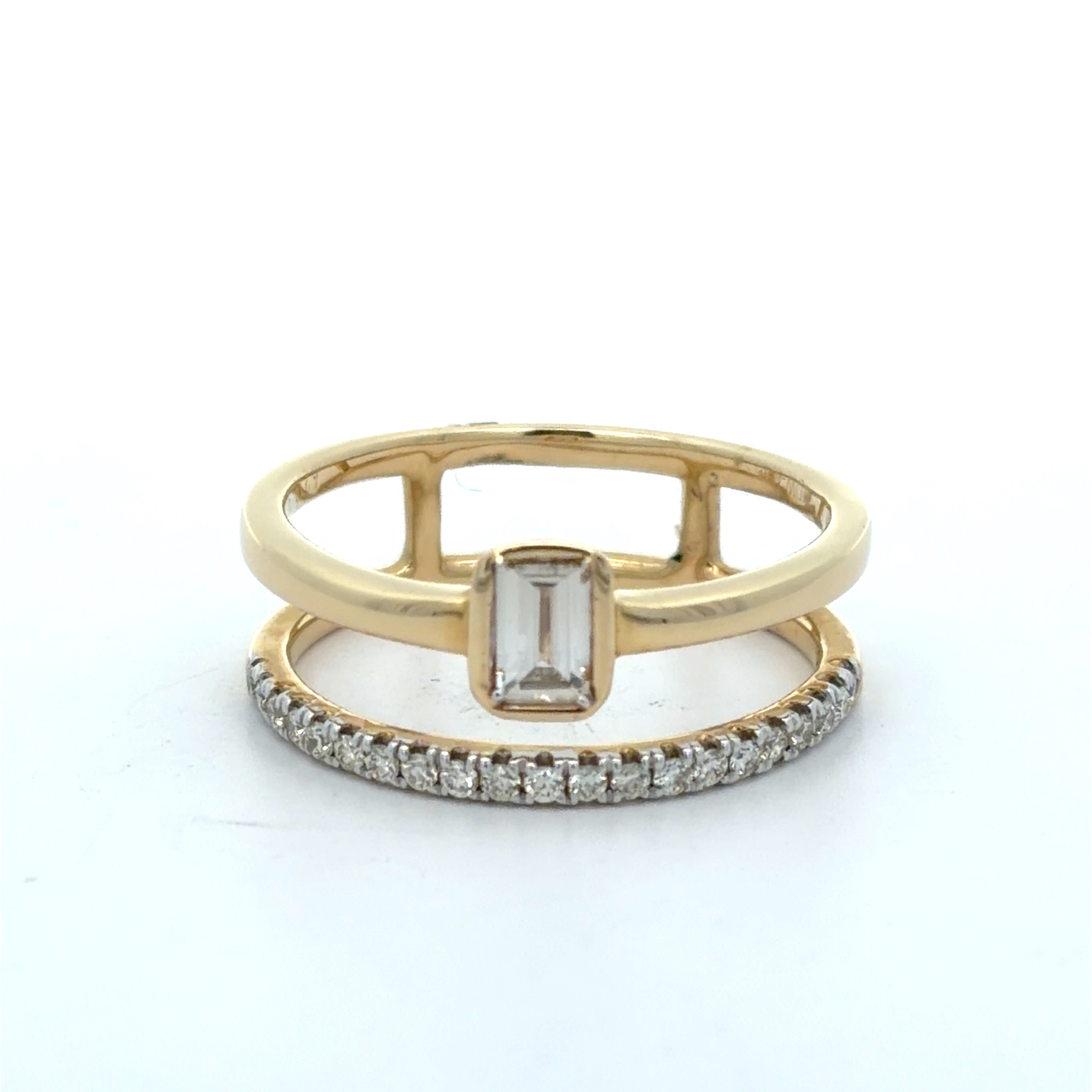 14KT Yellow Gold Ladies Split Ring with Bezel Set Emerald Cut Diamond