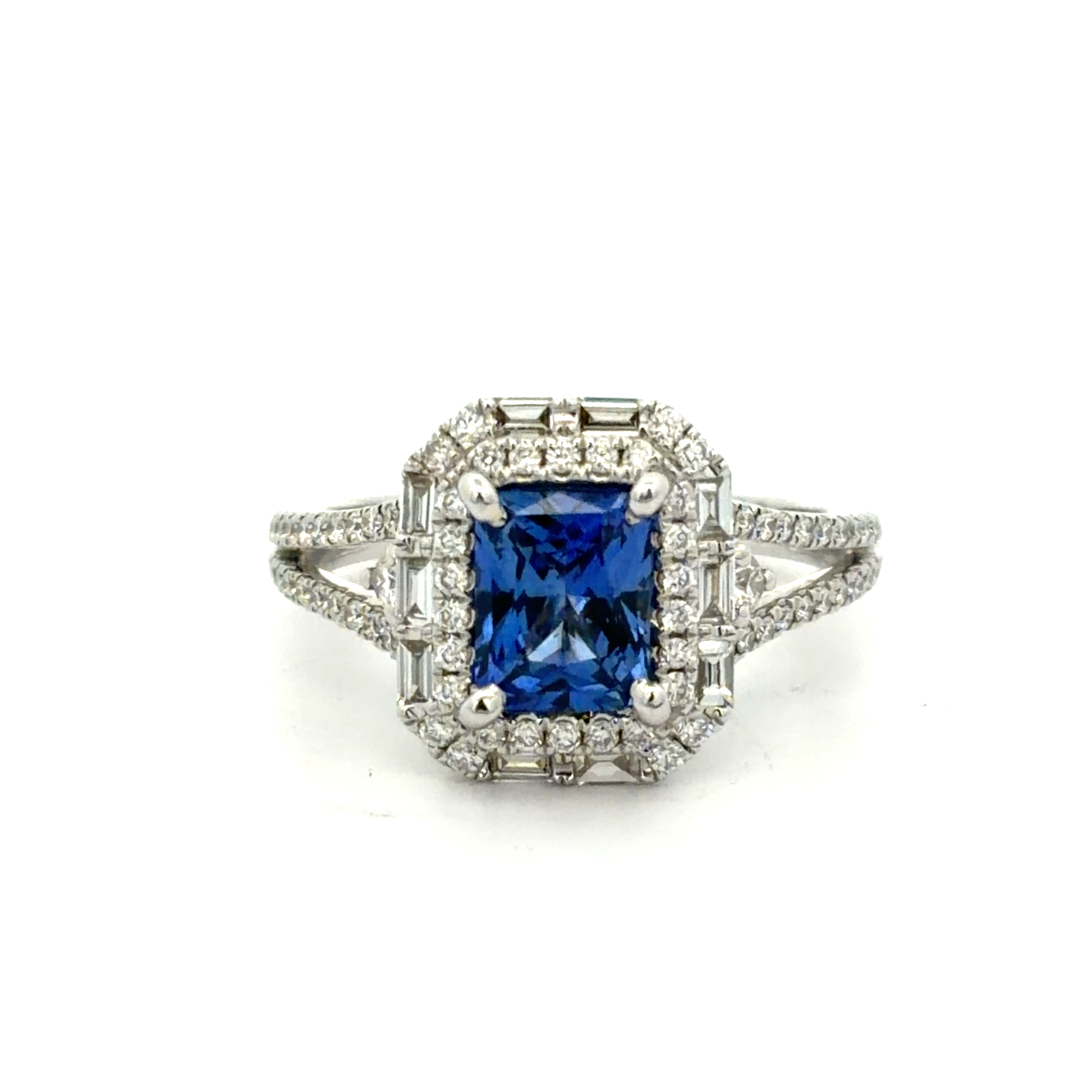 14KT White Gold Halo Ring with a Cushion Cut Blue Sapphire